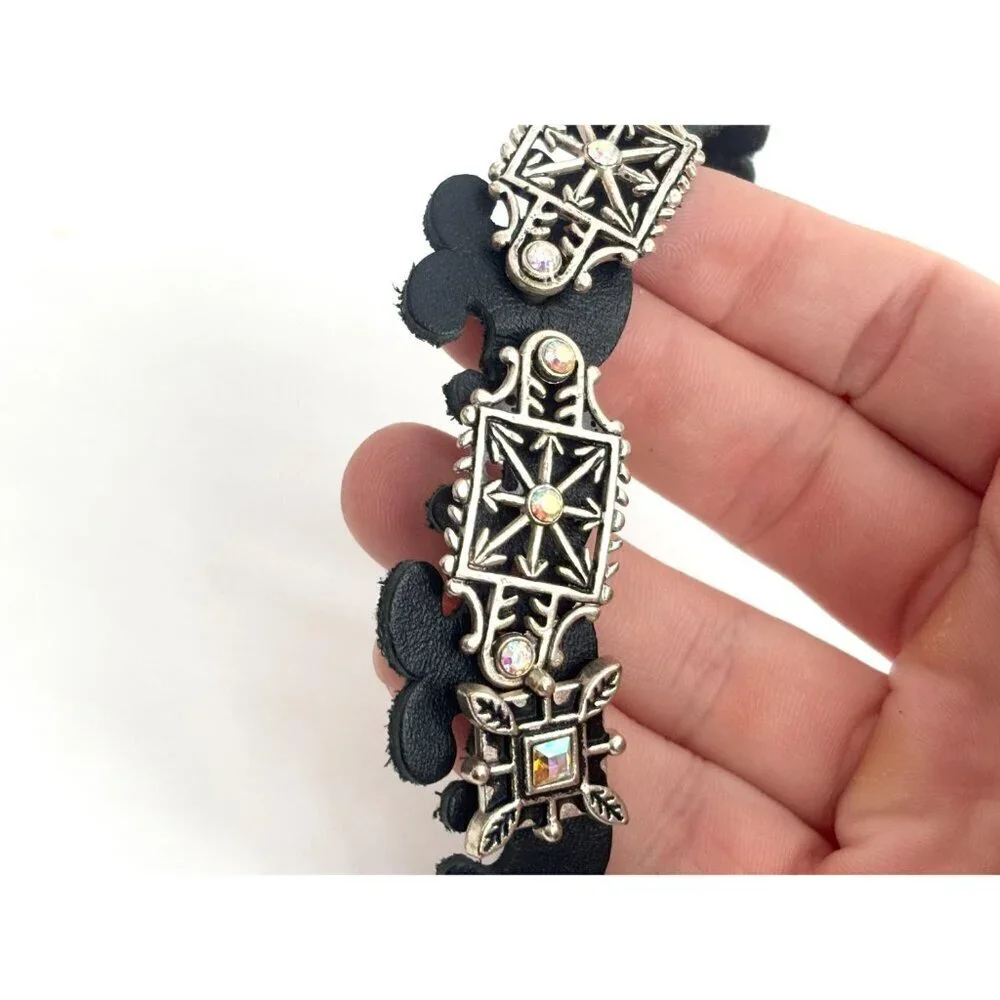 Faux Black Leather Boho Gemstone Silver T Adjustable Vintage Bracelet - 7